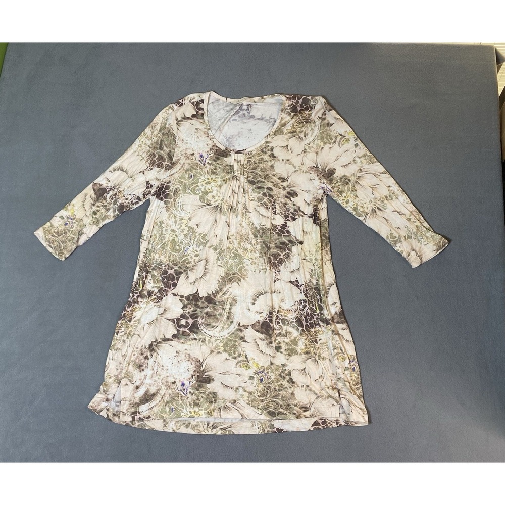 Soft Surroundings Peyton Tunic Top Women's Small 3/4 Sleeve Neutral Floral Print